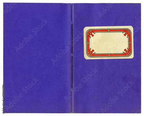 Antique exercise notebook, open purple paper cover with empty label	
