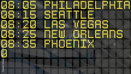 Close-Up of an airport departure board with USA cities destinations.  4k video resolution (4096x2304).
