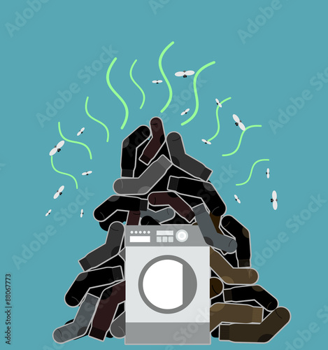 Big pile of dirty and smelly socks. Washing machine vector illus