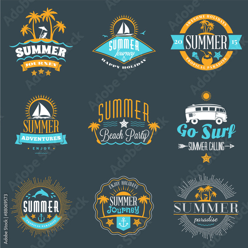 Summer Holidays Design Elements. Set of Hipster Vintage Logotypes and Badges in Three Colors on Dark Background