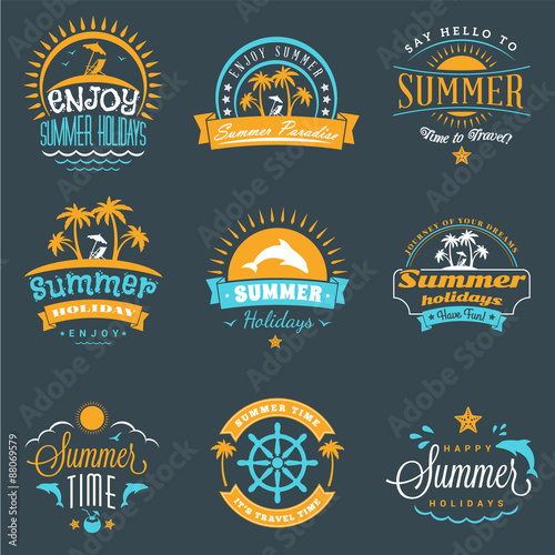 Summer Holidays Design Elements. Set of Hipster Vintage Logotypes and Badges in Three Colors on Dark Background