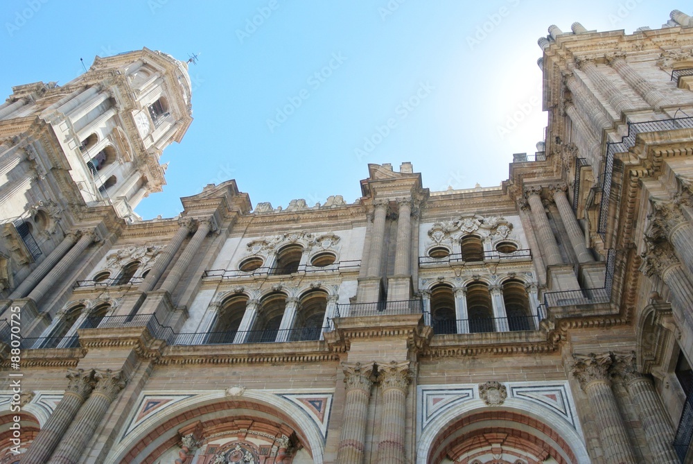 Details from the facade of Malaga Cathedral, located in the center of old town and built in renaissance style.