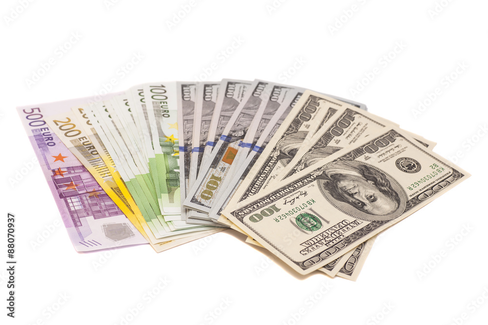 Dollars and euro money on white Dollars and euro money on white