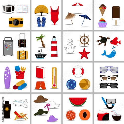 Summer Flat Icons Set: Vector Illustration, Graphic Design. Collection Of Colorful Icons. For Web, Websites, Print, Presentation Templates, Mobile Applications And Promotional Materials