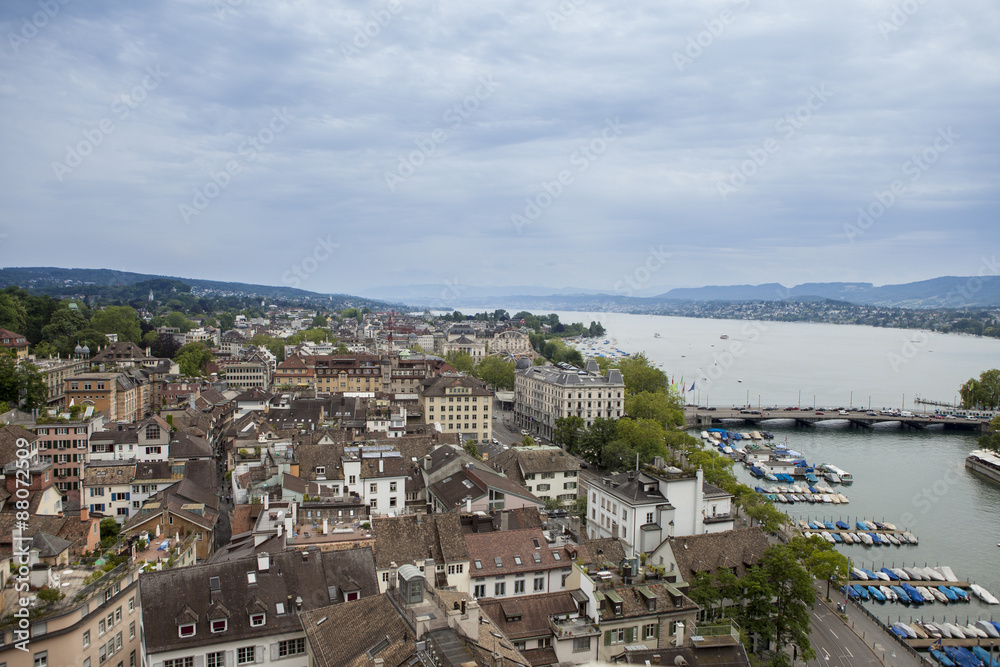 low aerial view of Zurich, Switzerland