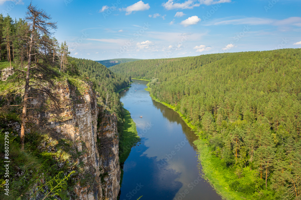 Tourist route to the Urals. Hay River, Big prites view from the top and bright blue sky