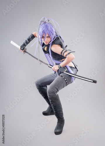 Canvas-taulu Female fantasy warrior / Female warrior with sword isolated on the gray backgrou