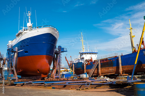 Trawlers at the dry dock seen in Reykjavik, Iceland photo