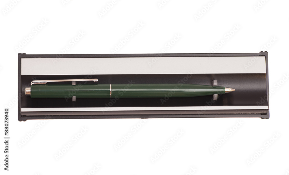 Ballpoint pen in box isolated on white Ballpoint pen in box isolated on white