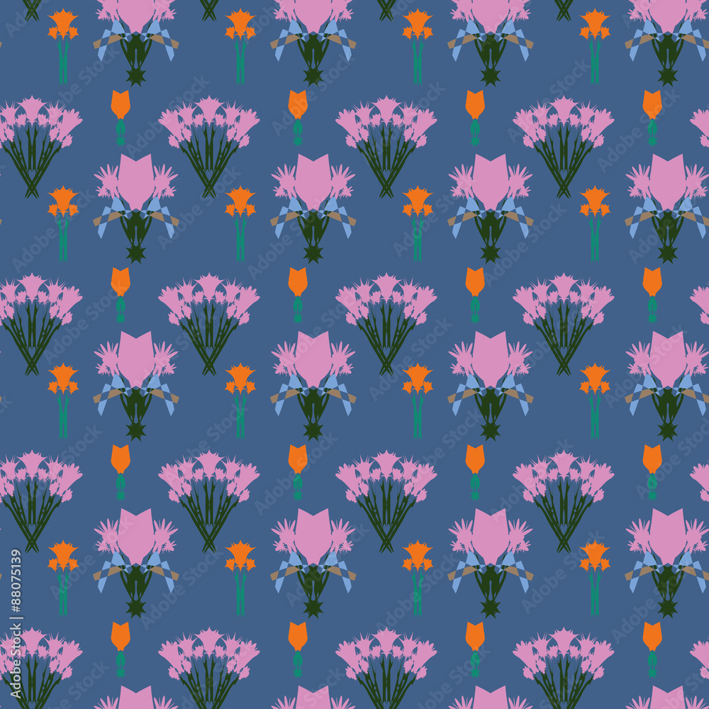Flowers bouquet geometric ornament seamless pattern.  Textile design template seamless background. Polygonal and grunge motif endless texture.