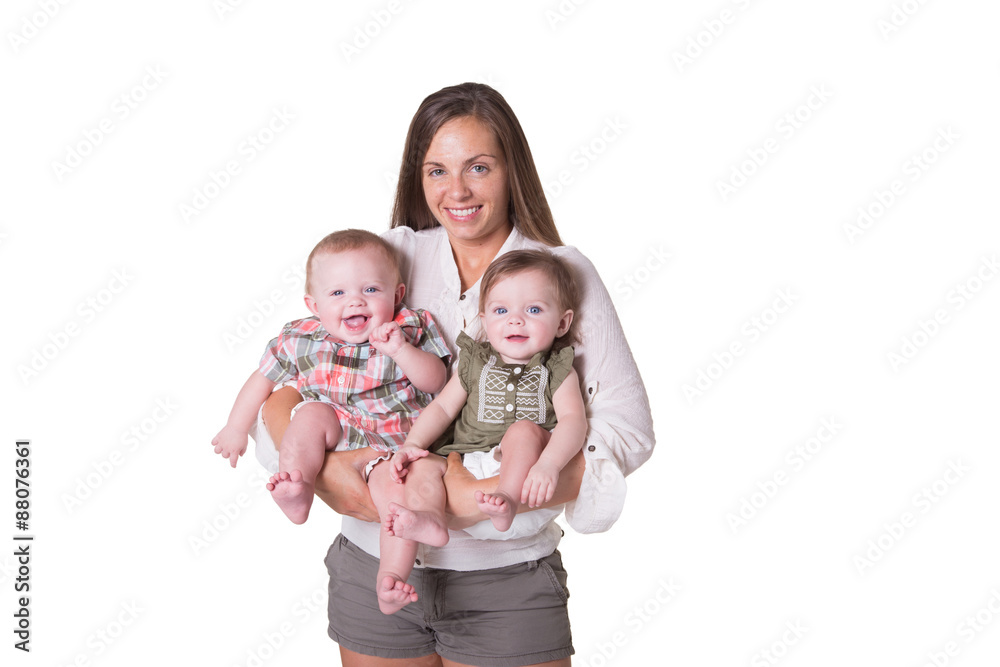 A mother and her fraternal boy/girl twins isolated A mother and her fraternal boy/girl twins isolated