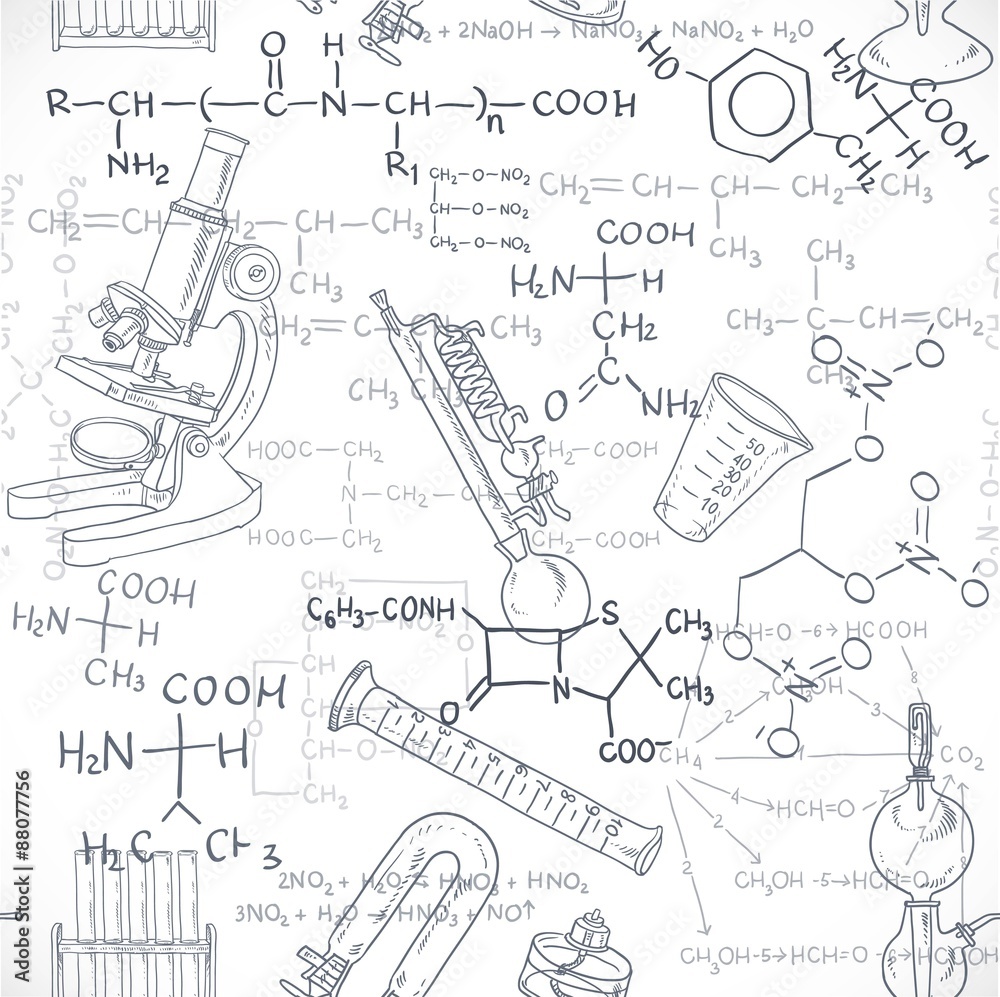 Seamless pattern of the formulas on the chemicals and equipment Seamless pattern of the formulas on the chemicals and equipment
