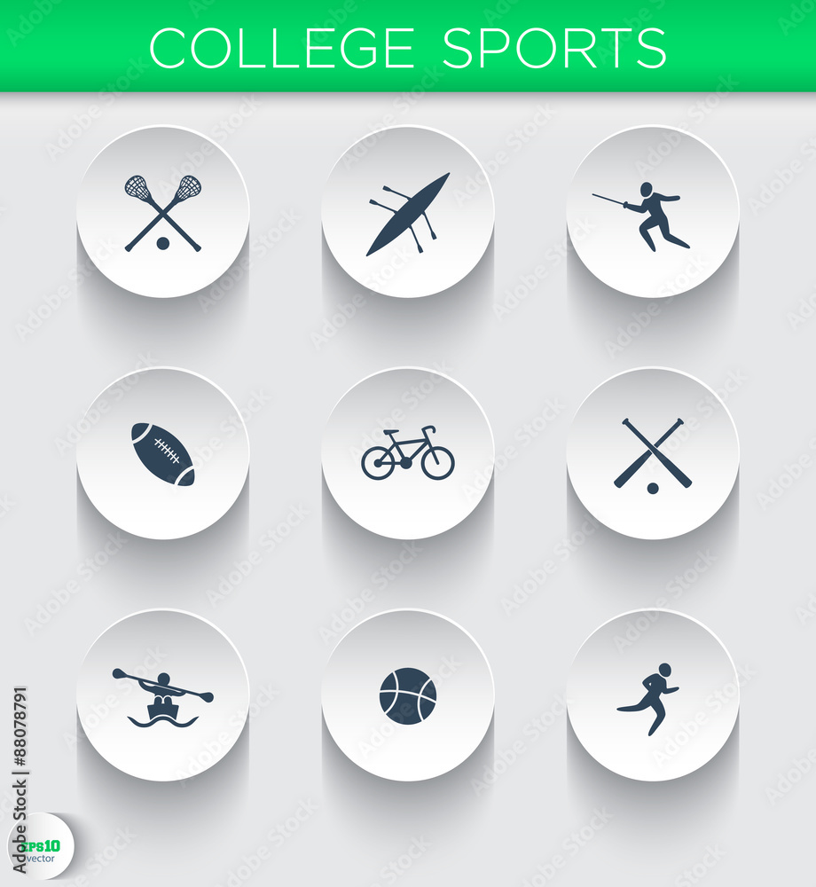 College sports, modern icons on round 3d shapes, vector illustration, eps10, easy to edit
