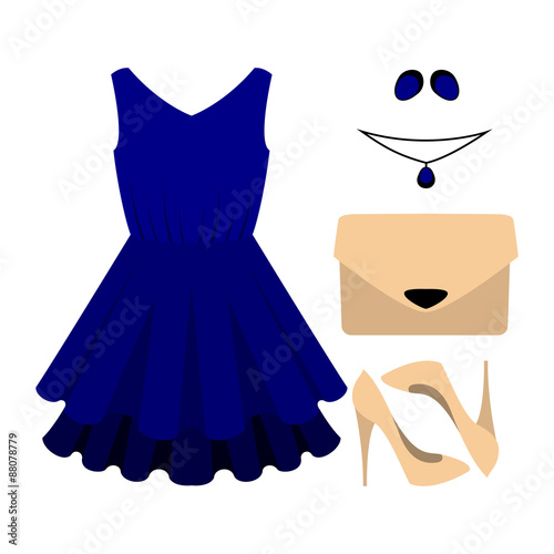 Set of trendy women's clothes with blue dress and accessories