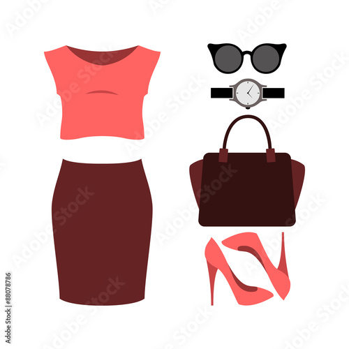 Set of trendy women's clothes with red skirt, top and accessorie