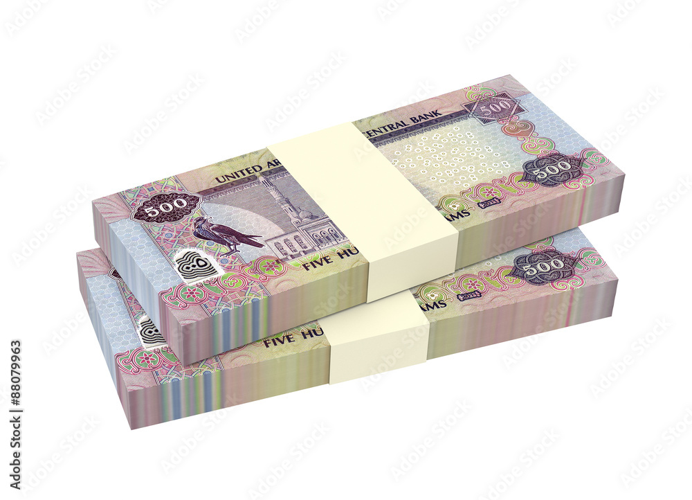 United Arab Emirates dirhams bills isolated on white background. Computer generated 3D photo rendering. United Arab Emirates dirhams bills isolated on white background. Computer generated 3D photo rendering.