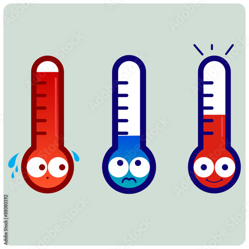 Cartoon thermometers indicating hot, cold and normal temperature. Vector illustration