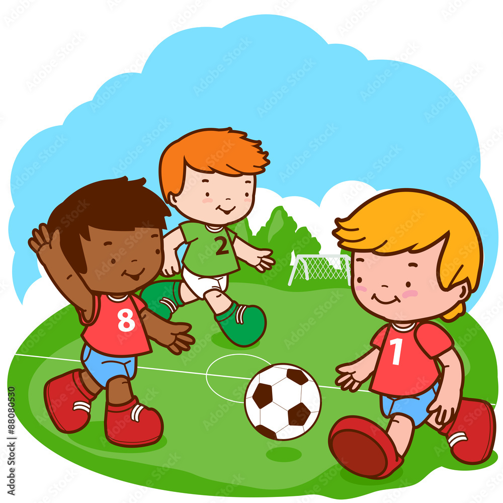 Little boys playing soccer. Vector illustration