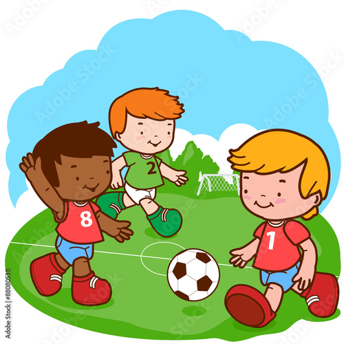 Little boys playing soccer. Vector illustration