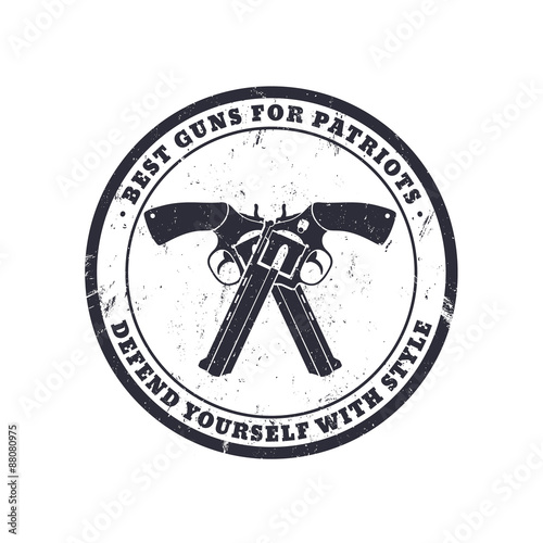Round grunge emblem, sign with crossed revolvers, vector illustration, eps10