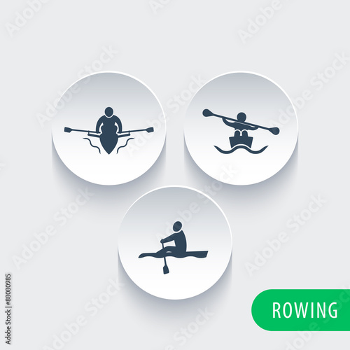 Rowing, kayak, canoe, rower icons on round 3d shapes, vector illustration, eps10
