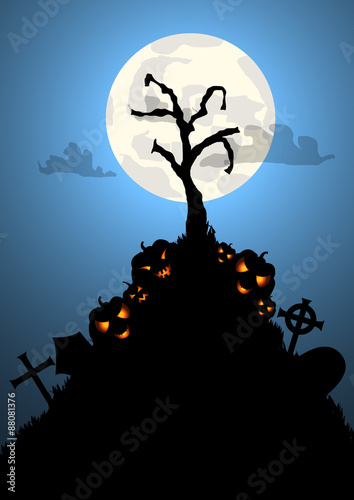 Vector : Halloween background with tree grave and pumpkins