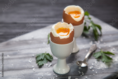 Boiled eggs on marble background