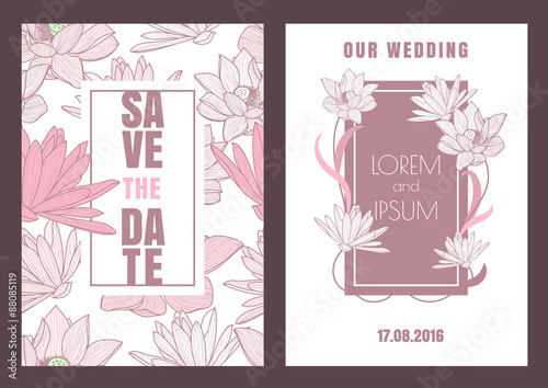 Fototapeta Naklejka Na Ścianę i Meble -  Set of vector floral save the date vintage greeting card. Hand d