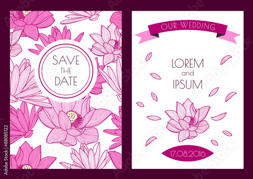 Fototapeta Naklejka Na Ścianę i Meble -  Set of vector floral save the date greeting card. Hand drawn lot
