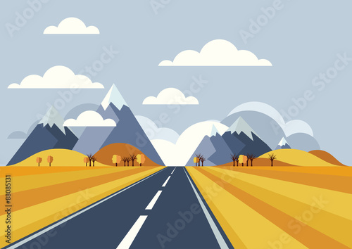 Vector landscape background. Road in golden yellow wheat field,