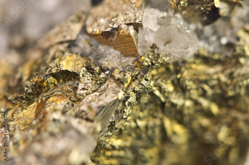 Golden pyrite chemical formula FeS2. Macro