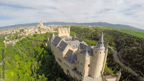 Aerial footage The spanish castle Alcazar of Segovia, in Castilla and Leon, Spain 