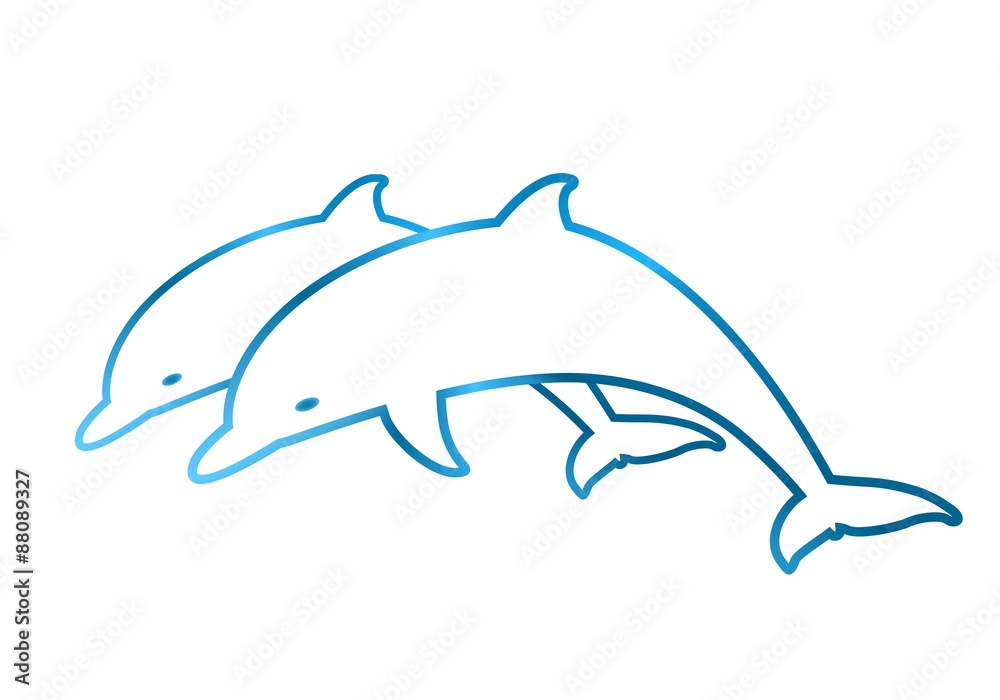 Fototapeta premium Blue contour two leaping dolphins on a white background