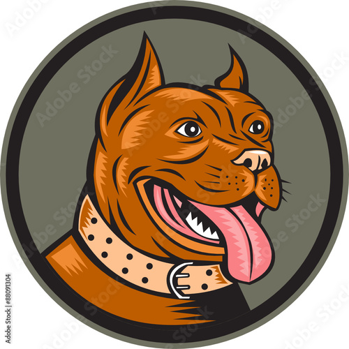 Pitbull Dog Mongrel Head Circle Woodcut