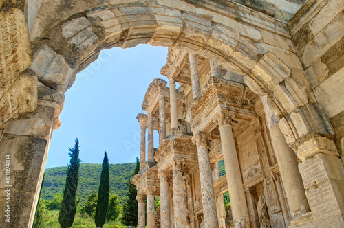 view of celsus library facade in Ephesus through arch