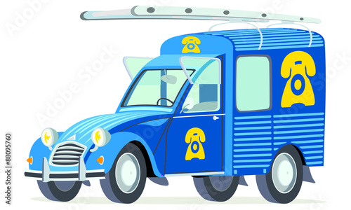 Fotografia Caricatura Citroen 2CV AK furgoneta azul servico telefono vista frontal y latera