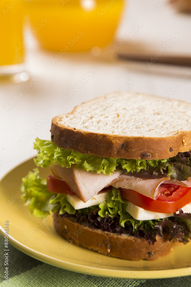 Sandwich on a white plate with turkey breast, tomato and lettuce. Sandwich on a white plate with turkey breast, tomato and lettuce.