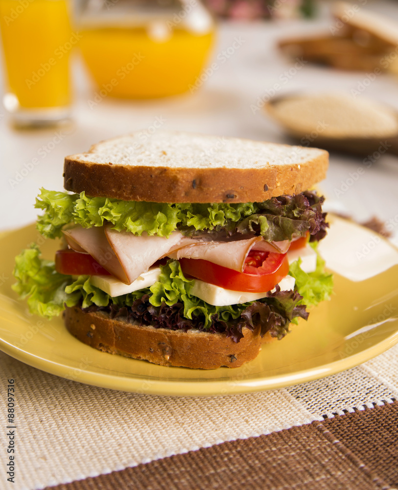Sandwich on a white plate with turkey breast, tomato and lettuce. Sandwich on a white plate with turkey breast, tomato and lettuce.