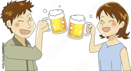 ビールで乾杯をする男女のイラスト（私服）