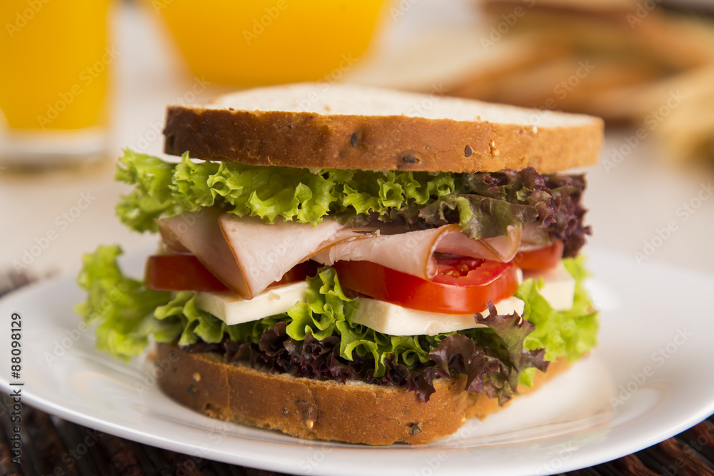Sandwich on a white plate with turkey breast, tomato and lettuce. Sandwich on a white plate with turkey breast, tomato and lettuce.