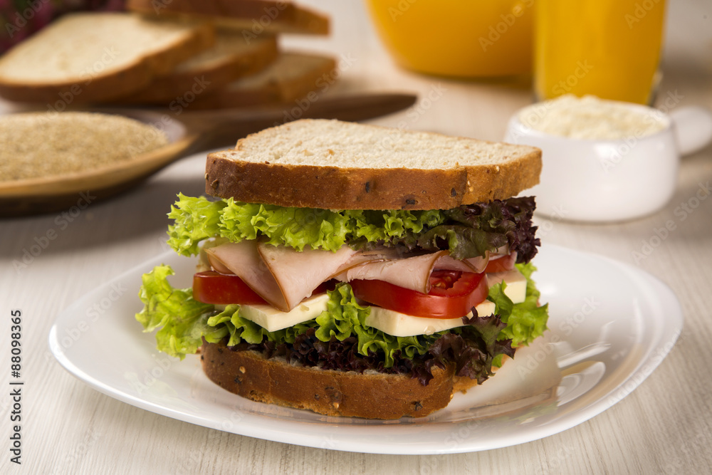 Sandwich on a white plate with turkey breast, tomato and lettuce. Sandwich on a white plate with turkey breast, tomato and lettuce.