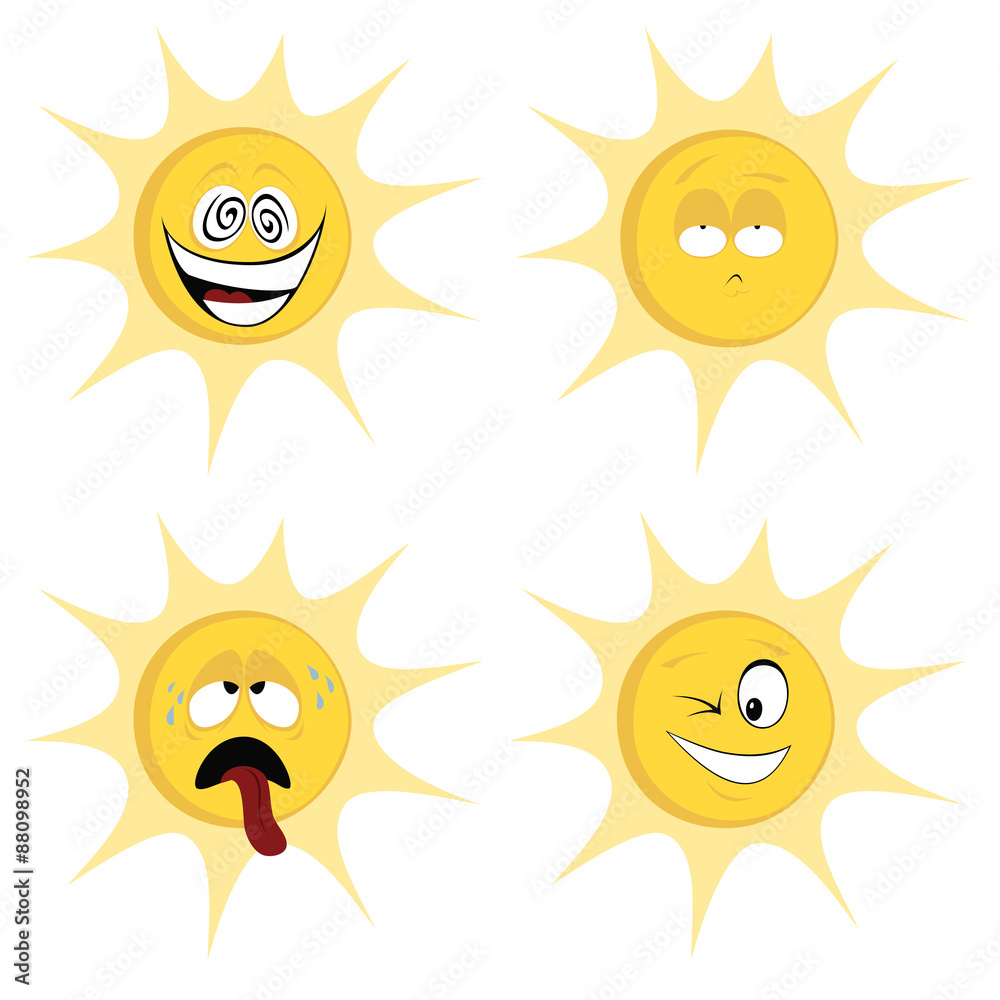 Collection of four colored, cute sun character icons
