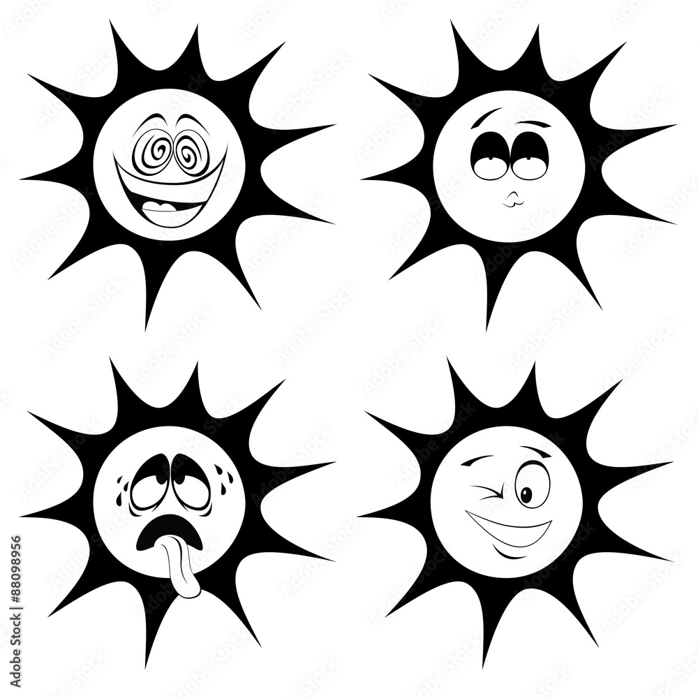 Collection of four black and white, cute sun character icons