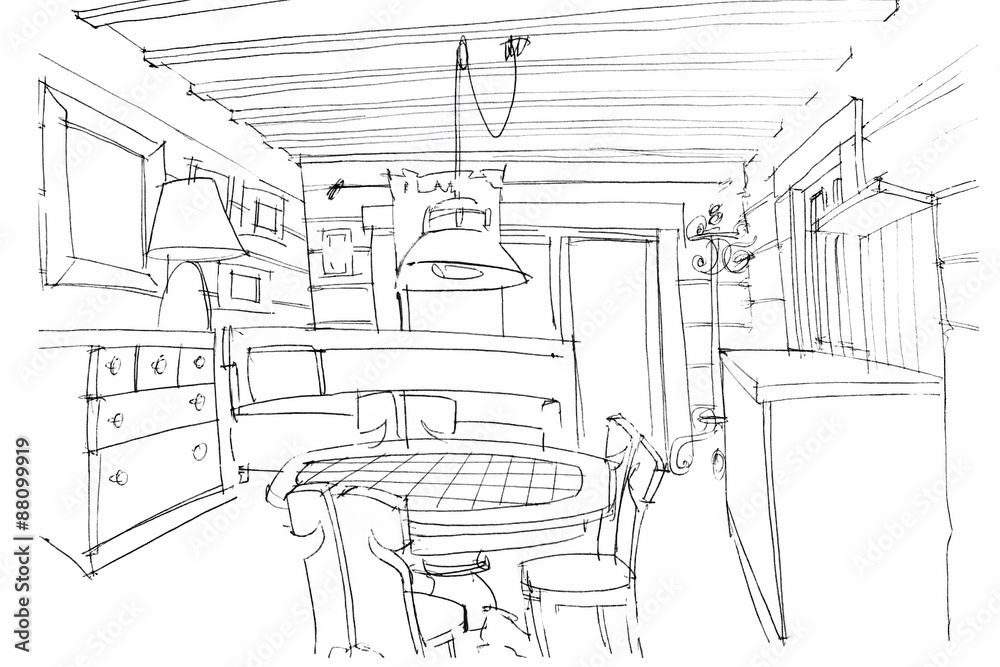 hand sketching of a modern kitchen interior