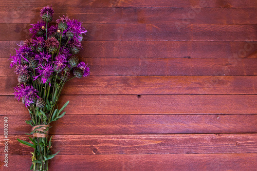 burdock flowers on a wooden with copy space