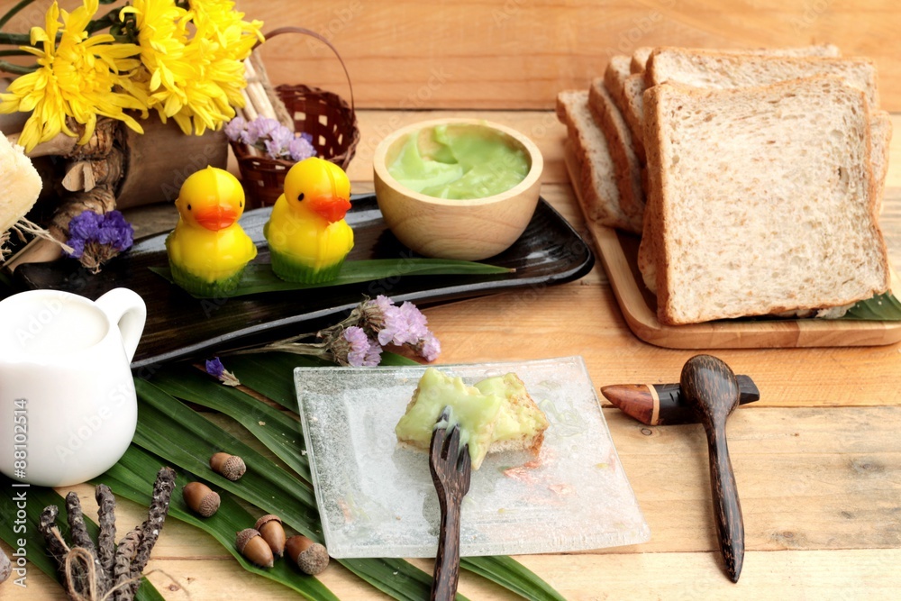 Bread with green custard and fresh milk. Bread with green custard and fresh milk.