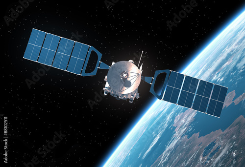 Fototapeta Naklejka Na Ścianę i Meble -  Satellite Orbiting Earth. 3D Scene.