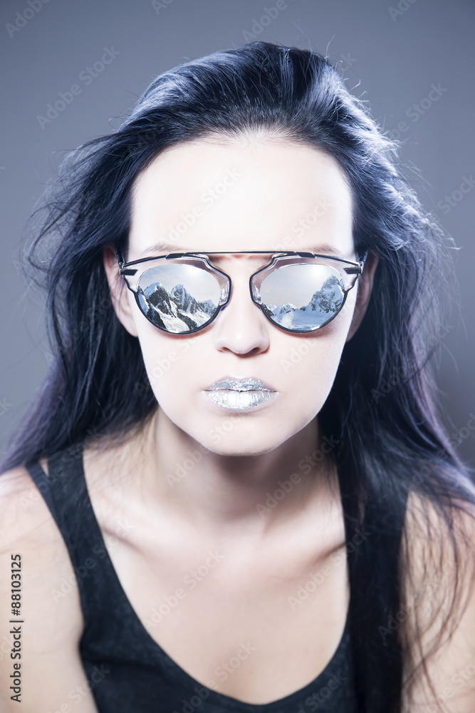 custom made wallpaper toronto digitalBeautiful woman fashion model portrait in sunglasses with reflections of mountains and metallic silver lips. Creative hairstyle and make up