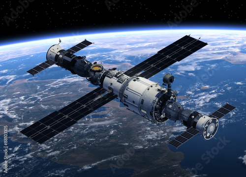 Fototapeta Naklejka Na Ścianę i Meble -  Space Station And Spacecrafts Orbiting Earth. 3D Scene.