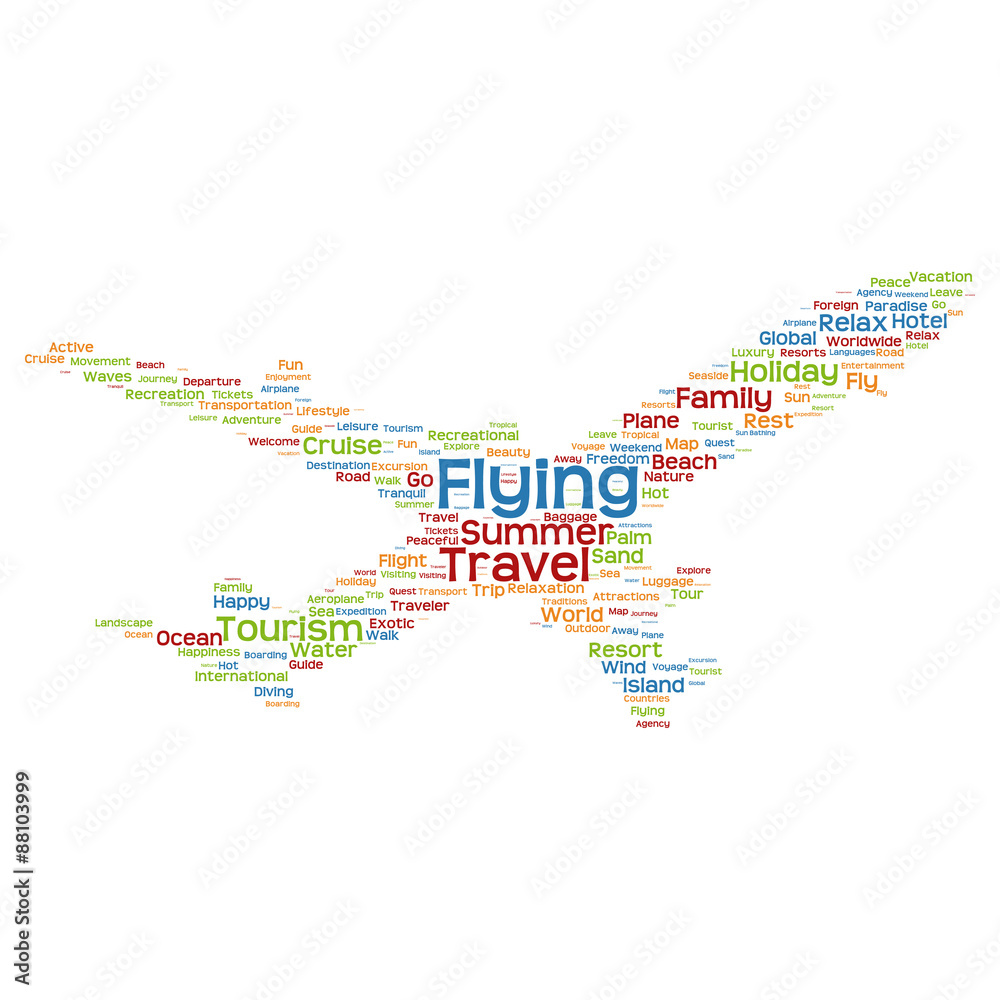 Fototapeta premium Conceptual lifestyle travel or tourism plane word claud